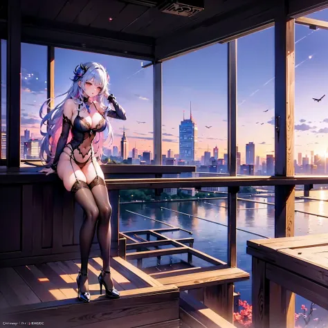 anime girl in lingerie posing in front of the city, seductive anime girls, beautiful charming anime woman, anime goddess, beauti...