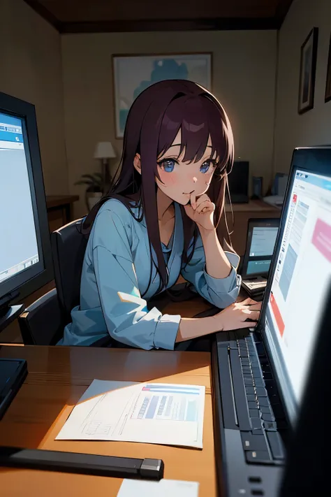 A high-resolution, dynamic image of a 30-year-old anime-style woman wearing a yukata working from home while skillfully operating a computer while drinking alcohol.