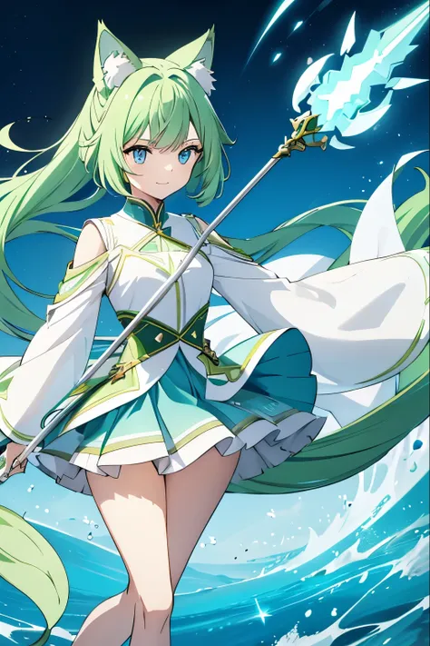 woman with long light green hair cat ears, long fluffy tail use the power of the wind element uses a long spear, has a playful p...