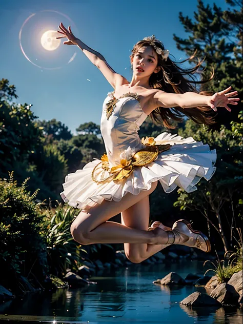 fantasy, high quality, 8K, realistic,photo realistic,RAW photo,photography,High resolution, ultra-definition, highest quality,Dramatic lighting, glitter effect, from below, midnight, moonlight, ballet、Swan Lake、ballet swan lake、Lake in the deep forest、full...