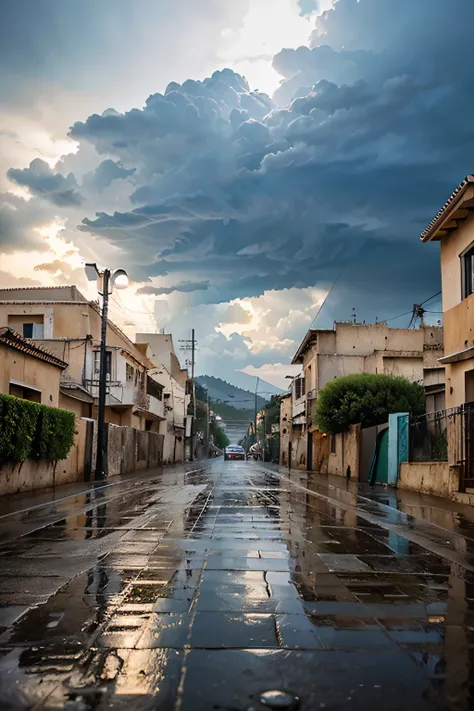 (sinple background:1.2),  Eau de pluie dans la rue , thunder on the sky in Algeria 