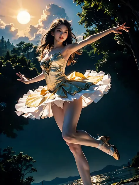 fantasy, high quality, 8K, realistic,photo realistic,RAW photo,photography,High resolution, ultra-definition, highest quality,Dramatic lighting, glitter effect, from below, midnight, moonlight, ballet、Swan Lake、ballet swan lake、Lake in the deep forest、full...