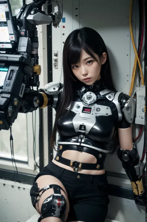 masterpiece, best quality, extremely detailed, Japaese Cyborg girl,Plump , control panels,android,Droid,Mechanical Hand, Robot arms and legs, Black hair,Blunt bangs,perfect robot girl,long tube,thick cable connected her neck,android,robot,humanoid,cyborg,j...