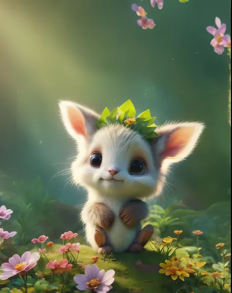 Close-up of small animals in the forest with flowers, cute forest creature, elf forest background, disney bambi cat, fantasy matte paint，cute, high quality wallpaper, movie still 8 K, anime movie, hd wallpaper, 4K high-definition digital art, cute detailed...