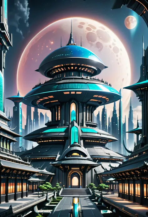 futuristic city with futuristic architecture and a moon in the sky, huge futuristic temple city, beautiful city of the future, f...