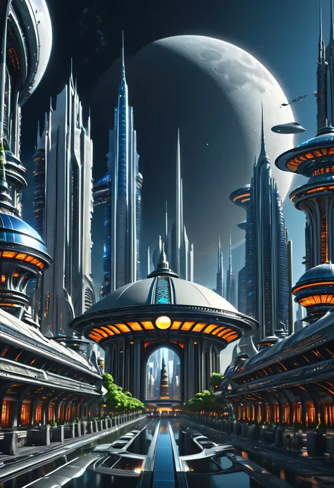 futuristic city with futuristic architecture and a moon in the sky, huge futuristic temple city, beautiful city of the future, futuristic setting, futuristic space port, futuristic valley, otherwordly futuristic city, futuristic palace, in fantasy sci - fi...