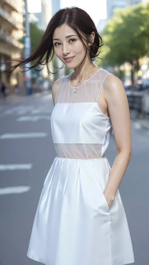 ((top quality、8k、​Masterpiece:1.3))、1 girl in、a smile、Full body female love、face slimming、beautiful woman、(dark brown hair)、Sunlight、White long skirt:1.1、Super detailed face、exquisite eyes、double eyelids、blurred background、face slimming、New York Manhattan、...