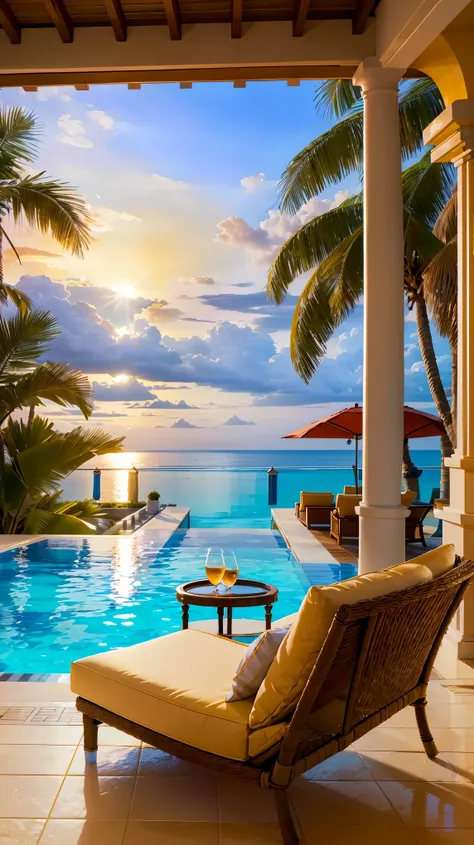(highest quality, 4K, 8K, High resolution, masterpiece:1.2), super detailed, (realistic, photorealistic, photo-realistic:1.37), Luxury resort hotel scenery, highly detailed landscape, Nice views, clear water, Golden sandy beaches, and palm trees swaying in...