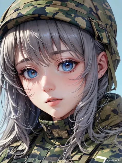 ((highest quality)),(ultra high resolution),(Super detailed),(detailed description),((best CG)),(best work of art),super precision art,great drawing art,(Art with precise details:1.5), (1 Female Soldier:1.5),(Camouflage clothing with gray and light blue do...