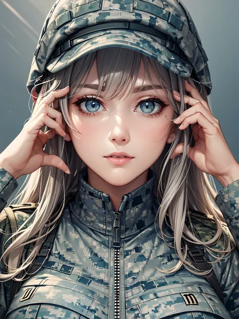 ((highest quality)),(ultra high resolution),(Super detailed),(detailed description),((best CG)),(best work of art),super precision art,great drawing art,(Art with precise details:1.5), (1 Female Soldier:1.5),(Camouflage clothing with gray and light blue do...