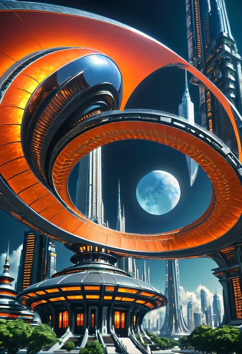 futuristic city with futuristic architecture and a moon in the sky, huge futuristic temple city, beautiful city of the future, f...