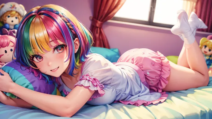 （In 8K, best quality, muste piece:1.2)、ultra high resolution,1 girl,ultra-detailed face,detailed eyes, (((Rainbow Hair)))、short hair,blunt bangs,BREAK,white baby doll pajamas,cinema lighting,lying on the bed,smile,legs dynamic pose,Cute room with stuffed a...