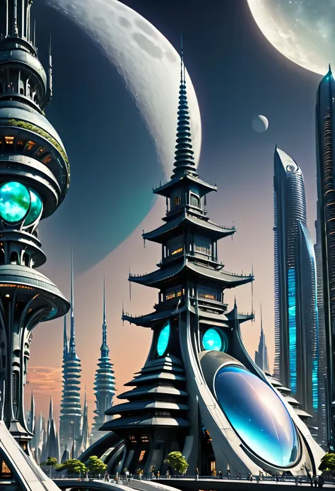 futuristic city with futuristic architecture and a moon in the sky, huge futuristic temple city, beautiful city of the future, f...