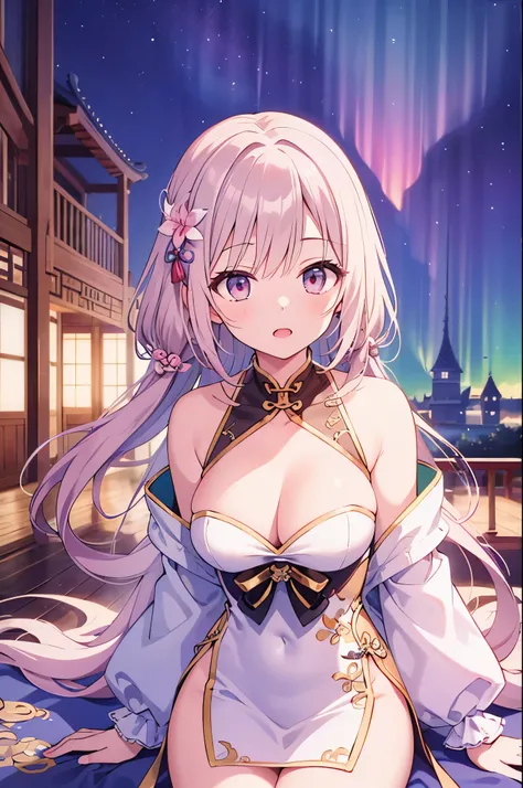 （masterpiece）、(highest quality)、((Super detailed))、(super delicate)、naughty chinese princess、Pastel colors hair、beautiful breasts、gorgeous castle、Fantastic starry sky、aurora