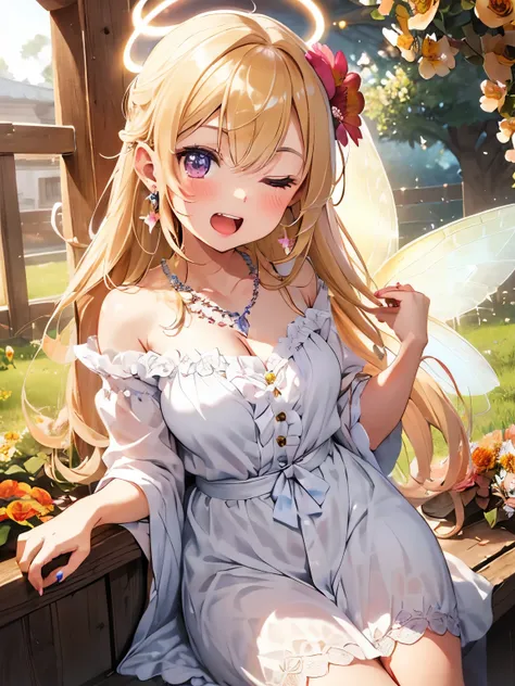 character//1 girl,(Blonde hair with a shiny ring of light:1.2),((Long curled hair:1.2)),(With bangs),((Halo is shining:1.3)),BREAK//(Adorable robe like a princess:1.3),(Colorful Nails),((Eyes tightly closed:1.4)),((Necklaces and earrings that emit beautifu...