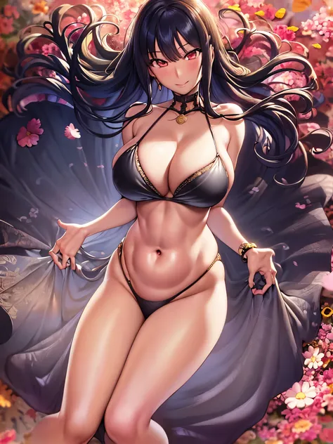 realistic, realistic,cowboy shot,masterpiece, disorganized, (colorful), 1 girl, Yor Forger, detailed one piece, belly button, between legs, bracelet, looking at the viewer, flushed face, smile, cherry blossoms, Private garden, Wind, floating hair, big brea...