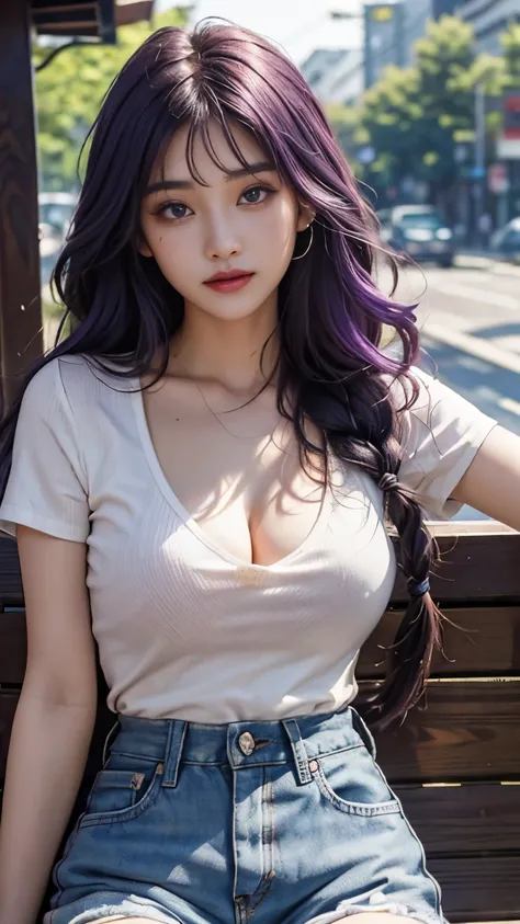 Purple hair big breasts, purple hair，long hair，arafed Asian woman posing for photo, jaeyeon nam, 华丽的年轻korean woman, 美丽的korean woman, korean girl, 美丽的年轻korean woman, korean woman, heonhwa choe, Korean female fashion model, with sexy look, Super large breast...