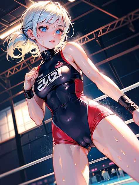 high quality,hd,16k,sharp line,1girl,female wrestling athlete ,cute face, middle breasts, nice legs, wet hair,wet skins,in wrestling venue,focus girl,detailed beautiful face,detailed clothes,beautiful eyes,cool,dynamic angle