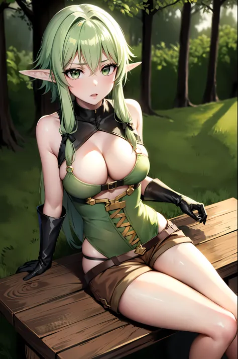 highelfarcher, high elf archer, elf, (green eyes:1.5), Green hair, hair between eyes, long hair, pointy ears, side lock, break asymmetrical clothes, boots, elf, Gloves, green thighs,  shorts, thighs, break looking at viewer, break outdoors, (forest_backgro...