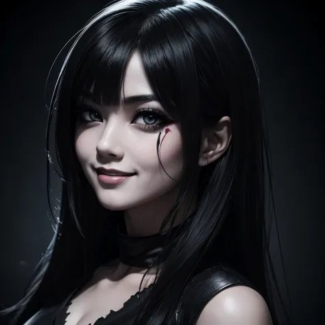 best quality, manga style, beautiful woman face, fear, horror-like smile, eyes and mouth painted in matte black, light up, background black, dark