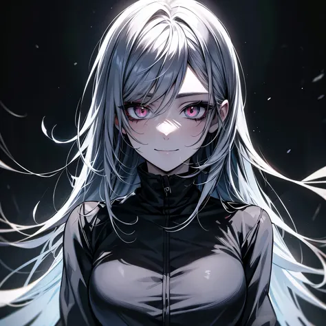 best quality, manga style, beautiful woman face, fear, horror-like smile, eyes and mouth painted in matte black, light up, background black, dark