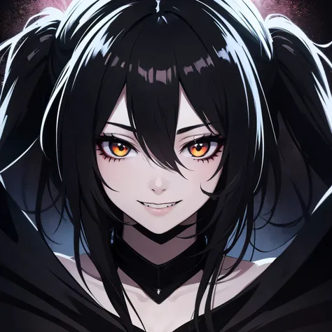 best quality, manga style, beautiful woman face, fear, horror-like smile, eyes and mouth painted in matte black, light up, background black, dark