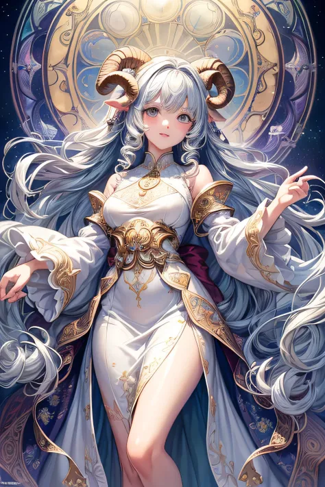 masterpiece, highest quality, (Highly detailed CG Unity 8K wallpaper), (highest quality), (best illustrations), Beautiful woman、goat, Beautiful woman with sheep&#39;horn、Silvery curly hair、white fluffy dress、Long sleeves with cuffs、horoscope, Mysterious, A...