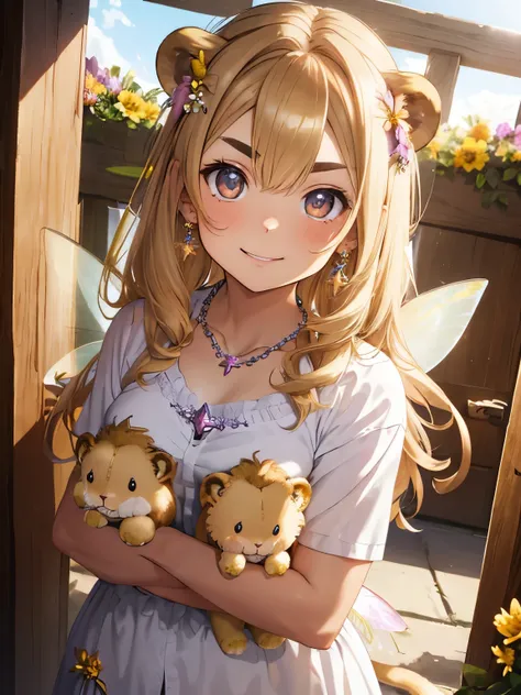 character//1 girl,(Blonde hair with a shiny ring of light:1.2),((Long curled hair:1.2)),(With bangs),((Halo is shining:1.3)),BREAK//(Adorable robe like a princess:1.3),(Colorful Nails),((lion-colored eyes:1.4)),((Necklaces and earrings that emit beautiful ...