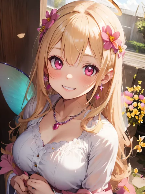 character//1 girl,(Blonde hair with a shiny ring of light:1.2),((Long curled hair:1.2)),(With bangs),((Halo is shining:1.3)),BREAK//(Adorable robe like a princess:1.3),(Colorful Nails),((berry pink eyes:1.4)),((Necklaces and earrings that emit beautiful li...