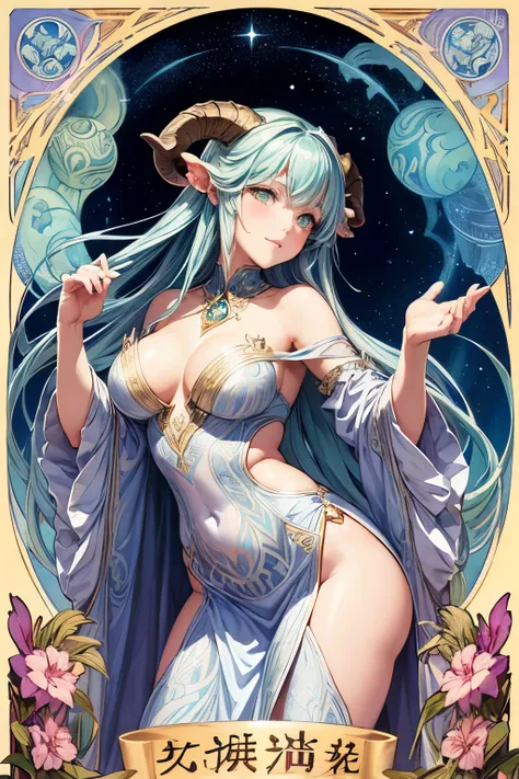 high quality, very detailed, fantasy, Goat, Beautiful woman with sheep&#39;s horns、Style like a horoscope card、Mysterious, Alphonse Mucha&#39;s Art Nouveau line, awesome full color,