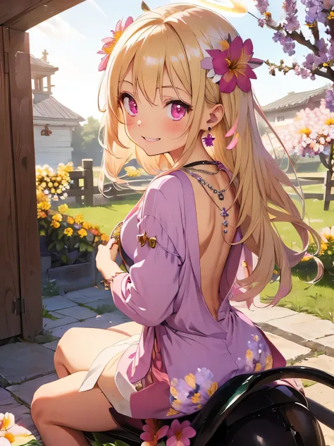 character//1 girl,(Blonde hair with a shiny ring of light:1.2),((Long curled hair:1.2)),(With bangs),((Halo is shining:1.3)),BREAK//(Adorable robe like a princess:1.3),(Colorful Nails),((berry pink eyes:1.4)),((Necklaces and earrings that emit beautiful li...