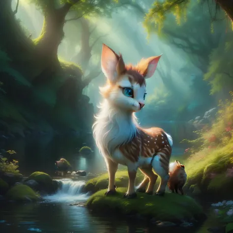 Close-up shot of playing with birds in the river, cute forest creature, River background, disney bambi cat, high quality wallpaper, fantasy matte paint，cute, movie still 8 K, anime movie, hd wallpaper, 4K high-definition digital art, cute detailed digital ...