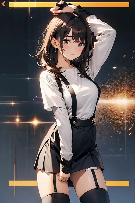 brown hair、looking at the viewer　　suspenders　　　Bulging big breasts　　 　 　　　　Black miniskirt　garter belt　knee high socks　　　　　　Gaze　　　small face　bangs 　　　　　Beauty　　hands up　　 　Gaze 　black boots 　provocation　　armpit sweat　one person 　　put your hands behind you...