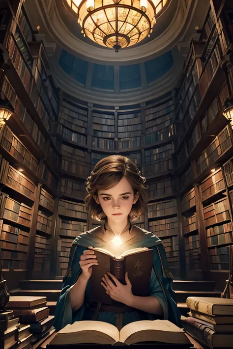 "Emma Watson immersed in a magical library filled with floating books and whimsical creatures. She holds an ancient tome, surrounded by the glow of knowledge. 📚✨ Capture the enchantment and wonder of this literary adventure!"