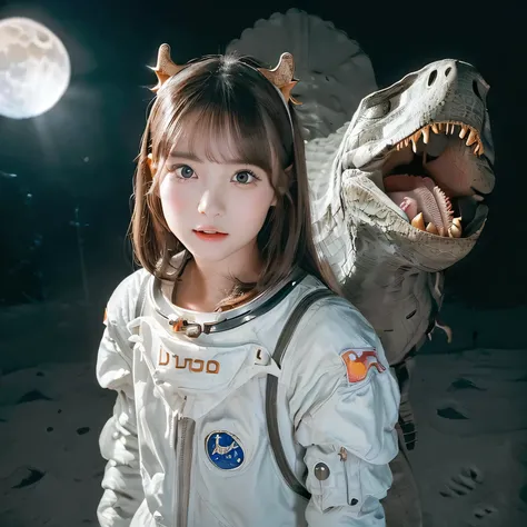 (Girl and dinosaurs  on the moon:1.5) ,(landing on the moon:1.2),(dinosaurs:1.2),original photography,(ultimate beauty portrait、sparkling skin、1 girl、frightened、bright expression、brown hair、Big eyes sparkling like gems、Harajuku、24 year old beautiful girl),...