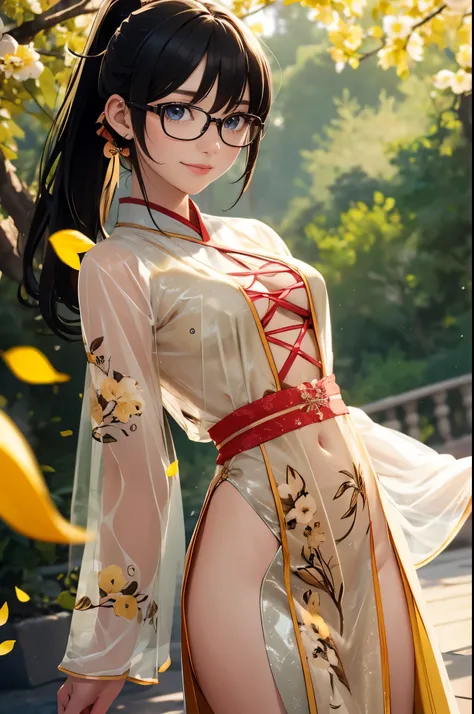 Wide shot, Beautiful girl, black hair in a ponytail, bangs, a hair accessory, wearing glasses, a bright smile, small breasts, a slim waist, (wearing a hanfu ((see-through)) with many layers of intricate details (light yellow)) , Dresses fluttering in the w...