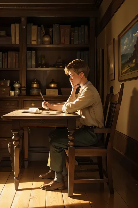 a boy in the study, vintage bookshelf, antique writing desk, rustic wooden chair, the room is dimly lit, dusty atmosphere, soft ...