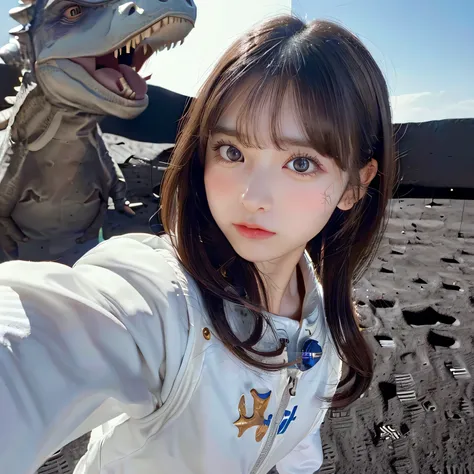 (Girl taking selfie on the moon:1.5) ,(landing on the moon:1.2),( Dinosaurs in the distance:1.5),original photography,(ultimate beauty portrait、sparkling skin、top quality、Super detailed、movie light、intricate details、high resolution、Very detailed、1 girl、hug...