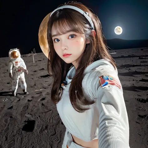 (Girl taking selfie on the moon:1.5) ,(landing on the moon:1.2),( Dinosaurs in the distance:1.5),original photography,(ultimate beauty portrait、sparkling skin、top quality、Super detailed、movie light、intricate details、high resolution、Very detailed、1 girl、hug...