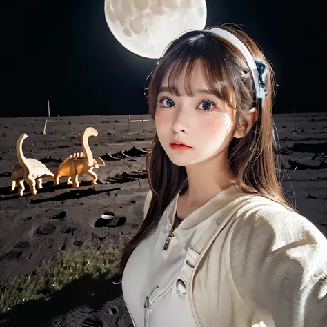 (Girl taking selfie on the moon:1.5) ,(landing on the moon:1.2),( Dinosaurs in the distance:1.5),original photography,(ultimate beauty portrait、sparkling skin、top quality、Super detailed、movie light、intricate details、high resolution、Very detailed、1 girl、hug...