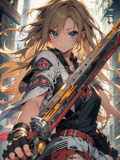 Girl, blond hair, tattered clothes, holding a sword, high quality, masterpiece, super detailed,