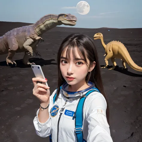 (Girl taking selfie on the moon:1.5) ,(landing on the moon:1.2),( Dinosaurs in the distance:1.5),original photography,(ultimate beauty portrait、dry skin 、top quality、Super detailed、movie light、intricate details、high resolution、Very detailed、1 girl、huge bre...