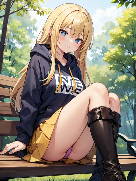 (1) A woman is sitting cross-legged on a bench. The color of the visible pants is gold..
(2) She&#39;s a gal, Baby-faced but with heavy makeup. she has long blonde hair.
(3) The woman is wearing a brightly colored hoodie, Mini skirt and platform long boots...