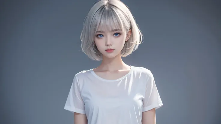 masterpiece,best quality,4k,realistic,1girl,solo,short hair,looking_at_viewer,blue eyes,upper body,simple background,t-shirt,white hair,