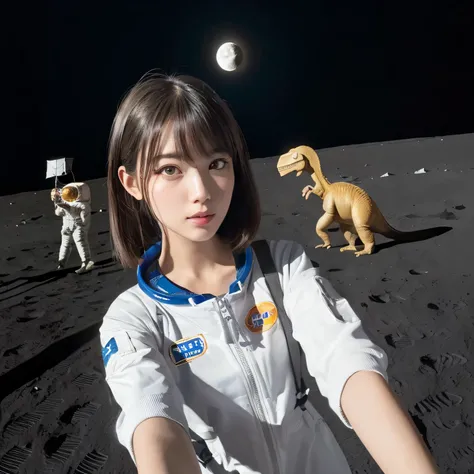 (Girl taking selfie on the moon:1.5) ,(landing on the moon:1.2),( Dinosaurs in the distance:1.5),original photography,(ultimate beauty portrait、dry skin 、top quality、Super detailed、movie light、intricate details、high resolution、Very detailed、1 girl、huge bre...