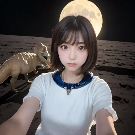 (Girl taking selfie on the moon:1.5) ,(landing on the moon:1.2),( Dinosaurs in the distance:1.5),original photography,(ultimate beauty portrait、dry skin 、top quality、Super detailed、movie light、intricate details、high resolution、Very detailed、1 girl、huge bre...