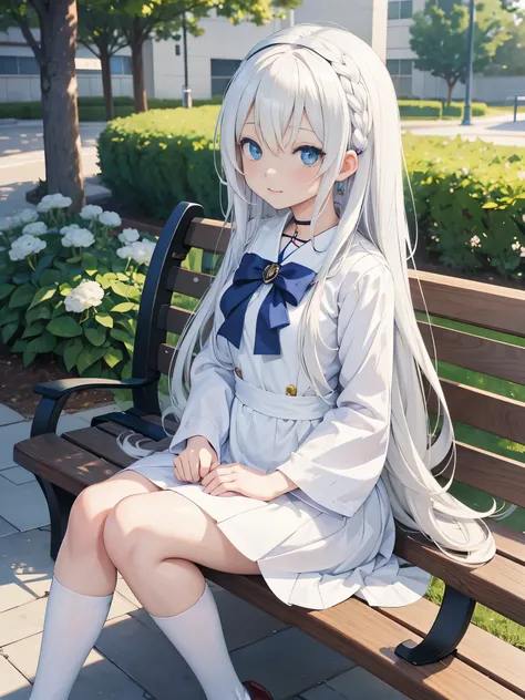 anime girl with long hair and blue eyes sitting on a bench, anime style 4 k, anime visual of a cute girl, perfect white haired girl, girl with white hair, smooth anime cg art, best anime 4k konachan wallpaper, beautiful anime portrait, portrait anime girl,...