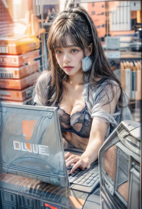 masterpiece、highest quality、(Detailed both eyes)、(cute japanese woman、bangs:1.3)、23 years old、1 girl、elegant、black hair、(auraroid photo:1.4)、sit、(tits:1.2)、(Blue Lingerie:1.7)、(office、Touching the computer:1.7)