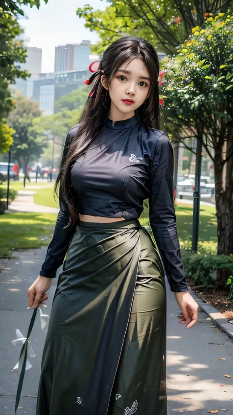 masterpiece, best quality, ultra detailed, high resolution, 1 girl, long black hair, ((hair ribbon,)) standing and looking at the viewer, girl, woman, acmm ls outfit, wearing acmm top, olive green acmm top, long sleeves, wearing acmm long skirt, olive gree...