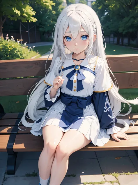 anime girl with long hair and blue eyes sitting on a bench, anime style 4 k, anime visual of a cute girl, perfect white haired girl, girl with white hair, smooth anime cg art, best anime 4k konachan wallpaper, beautiful anime portrait, portrait anime girl,...